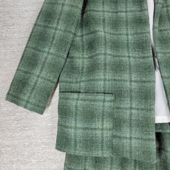 Vintage Handmade Wool Skirt Suit Green Plaid 2 Piece Set Elastic Waist Pockets - Picture 3 of 15